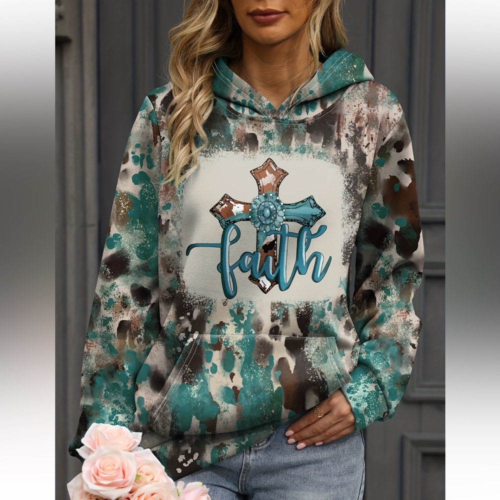 Women's Faith Graphic Hoodie - Teal and Brown XXL